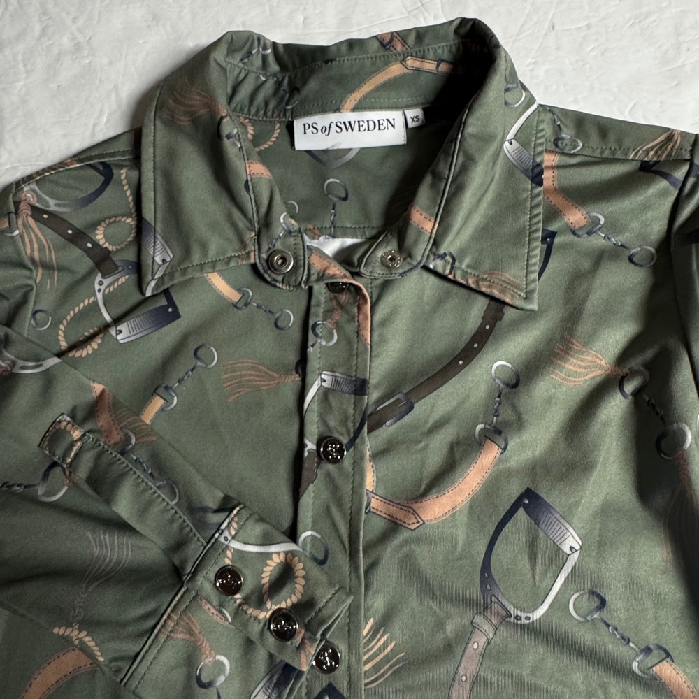 PS of Sweden Estelle Magic Shirt Olive Green Equestrian Stirrup Print XS